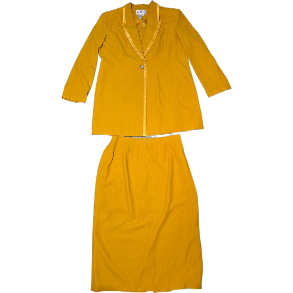 Vintage G.M.I. Skirt Suit Set Women 18‎ Mustard Yellow  Rhinestone Satin Trim
